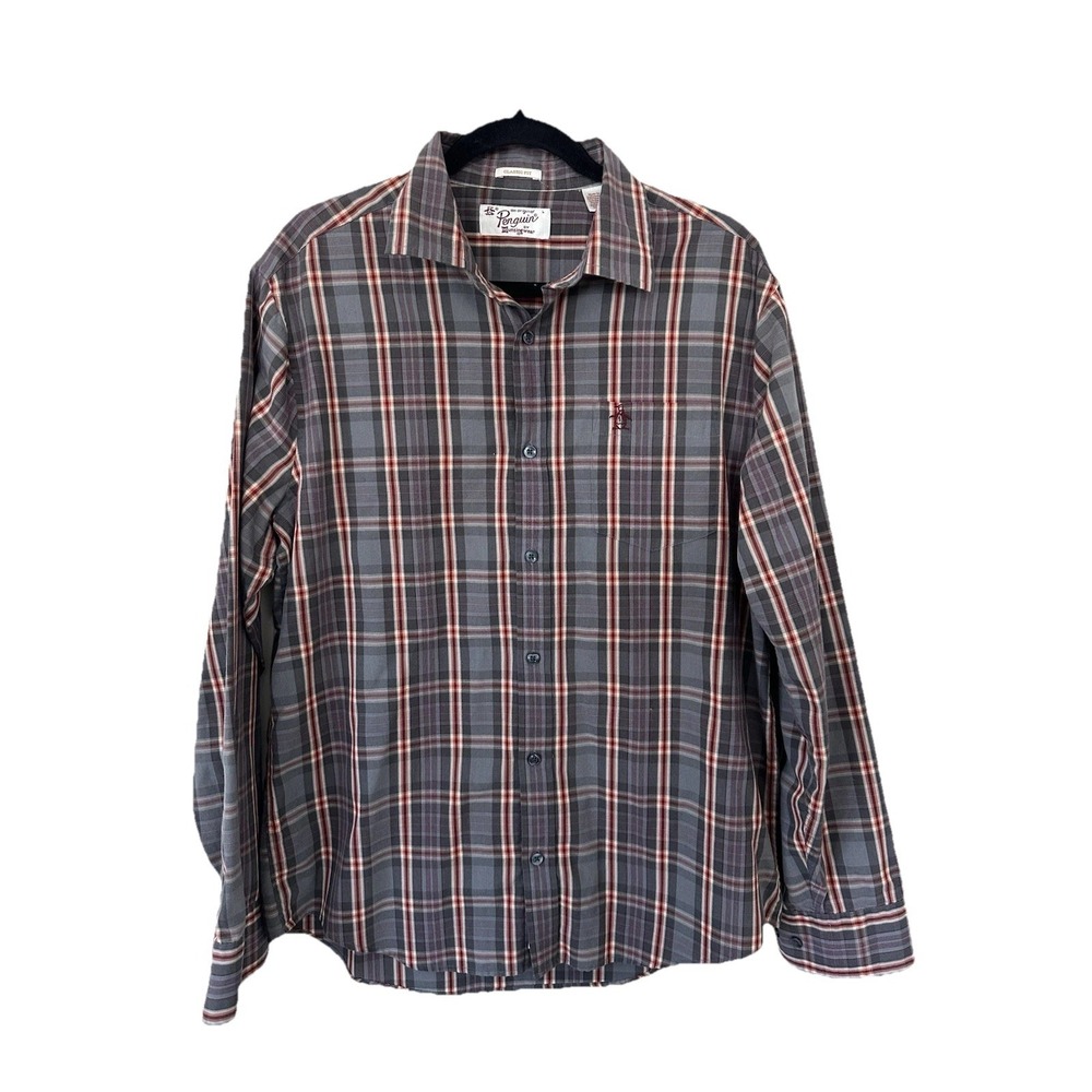 Original Penguin Men's Large Brown Plaid Long Sleeve Button Down Shirt
